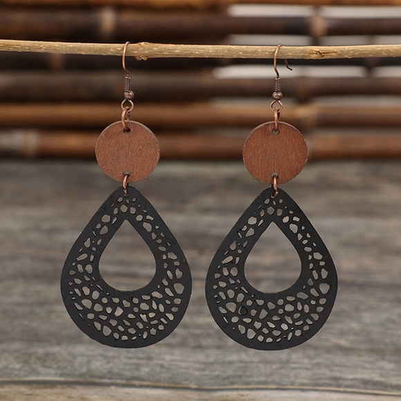 Hollowed Wooden Black Leather Teardrop Dangle Earrings - Picture 3 of 3